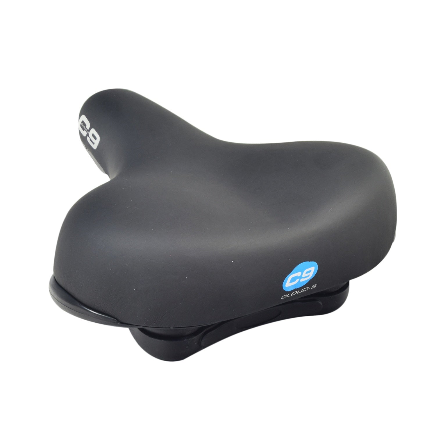 Cloud-9 Support XL Saddle/Seat: black bicycle seat, plush with white piping, multi-stage foam, dual coil suspension, and scuff-resistant corner guards, ideal for cruiser-style bikes ensuring comfort and durability.