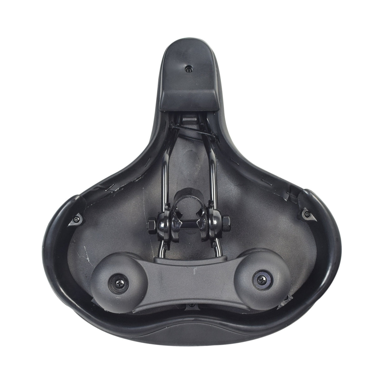 Cloud-9 Support XL Saddle/Seat features a plush black cover with white piping, dual coil suspension, and scuff-resistant corner guards, ideal for upright riding on cruisers or hybrids.