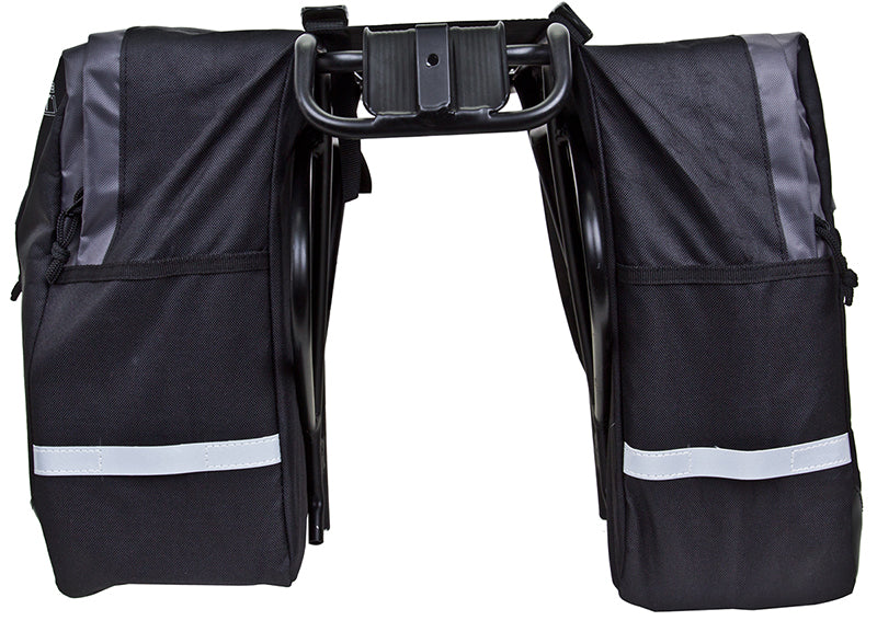 Utili-T 1 Bicycle Pannier Bag Set featuring a black design with white stripes, large reflective trim, and two spacious compartments.