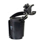 Self-Leveling Cup Holder for Mobility Scooters, Power Chairs, & Wheelchairs – a black cup holder with a handle, featuring a gimballed design with two pivot points for stability.