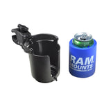 Self-Leveling Cup Holder for Mobility Scooters, Power Chairs, & Wheelchairs, featuring a gimballed design with a black cup and a drink can, ensuring stability and preventing spills.