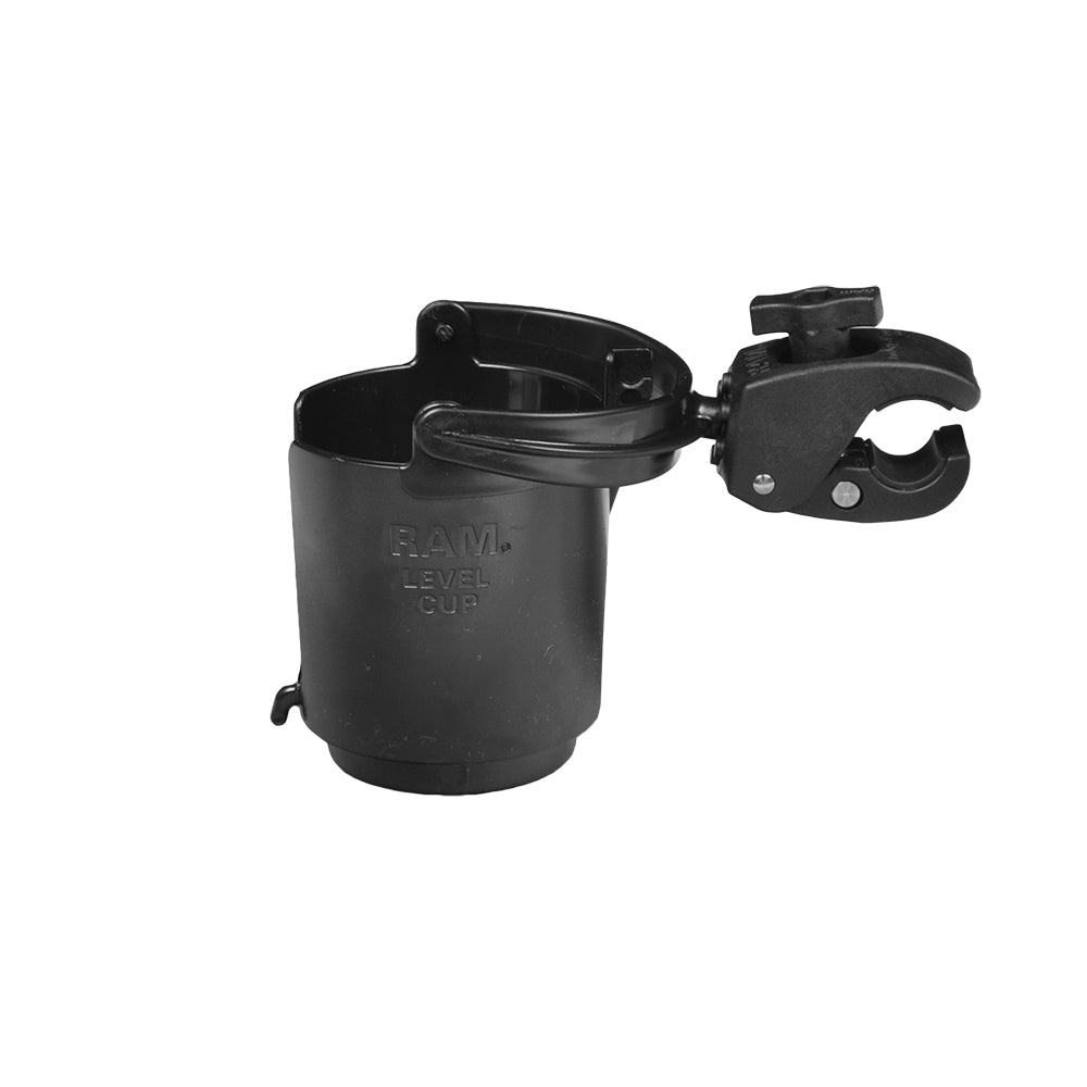 Self-Leveling Cup Holder for Mobility Scooters, Power Chairs, & Wheelchairs: Black cylindrical cup holder with a handle and clamp, featuring a gimballed design for stability and spill prevention.