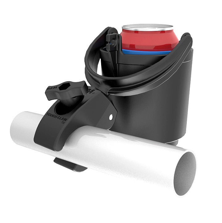 Self-Leveling Cup Holder for Mobility Scooters, Power Chairs, & Wheelchairs includes a black container with a red lid, a white tube, and a mount, ensuring drinks stay upright without spilling.