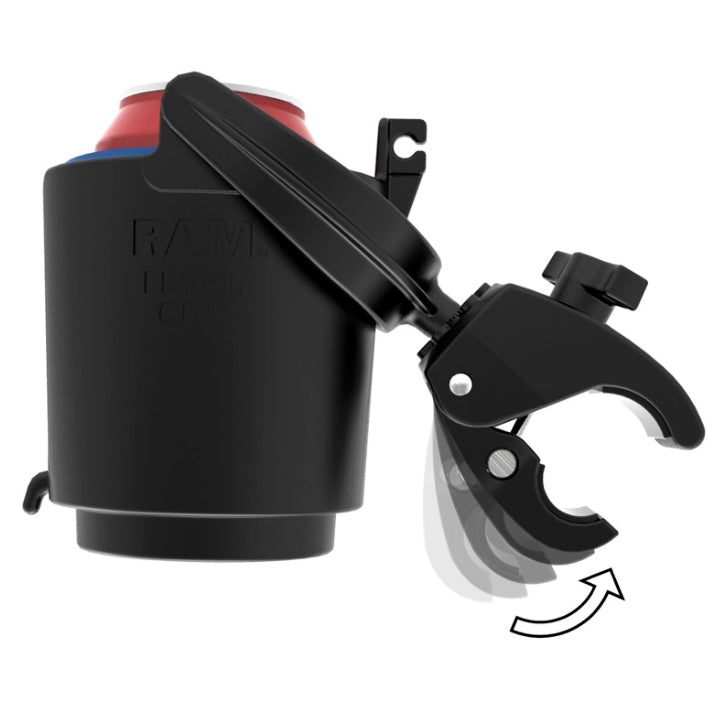 Self-Leveling Cup Holder for Mobility Scooters, Power Chairs, & Wheelchairs, featuring a black container with a red lid on a gimbal mount, ensuring drinks stay upright and spill-free.