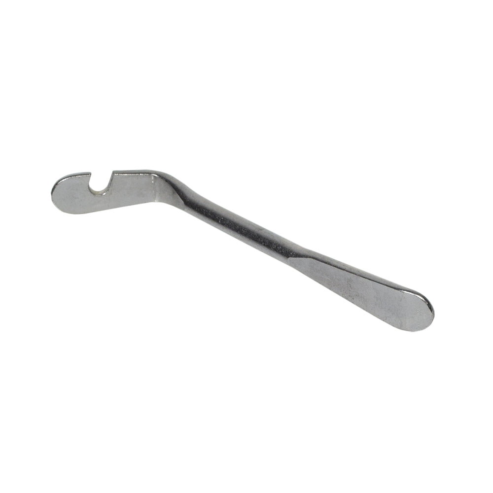 Metal Scooter & Bike Tire Lever, a sturdy silver tool with a central hole, designed for easy tire changes. The close-up highlights its durable metal construction and practical design for cyclists and scooterists.