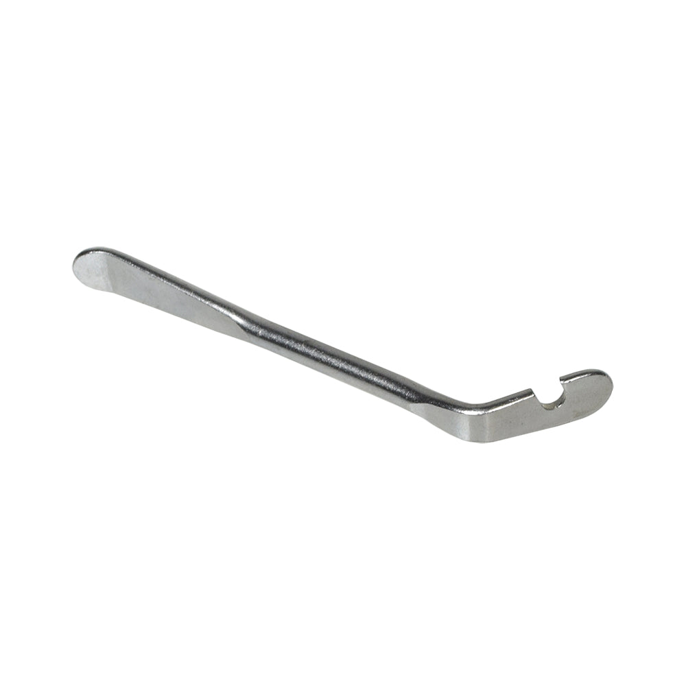 Metal Scooter & Bike Tire Lever close-up, showcasing a silver tool with a curved spoon end and a hook at the other end for tire removal and installation.