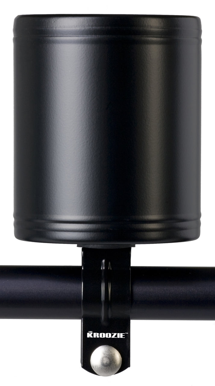 Close-up of the Black Kroozer Cups Kroozie 1.0 Stainless Steel Cup Holder, showcasing its cylindrical shape and sleek design, optimal for handlebar mounting and insulated for temperature control.