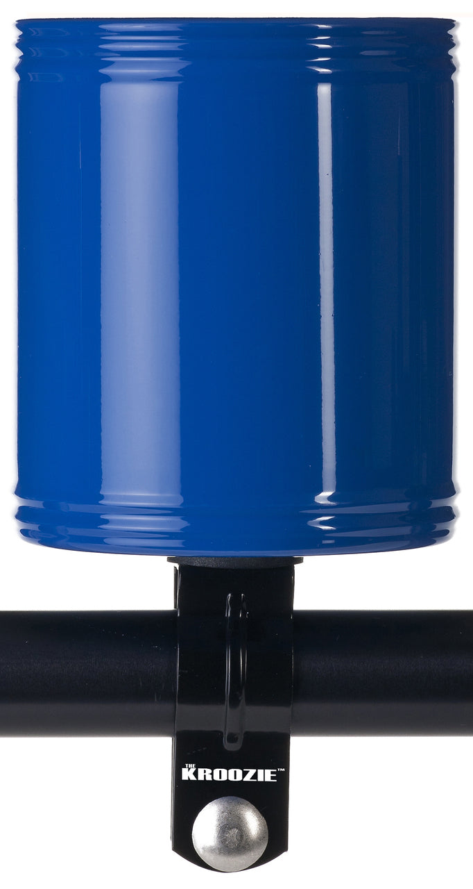 Blue Kroozer Cups Kroozie 1.0 Stainless Steel Cup Holder, a blue cylindrical holder mounted on a black handlebar pipe, featuring insulation for temperature control.