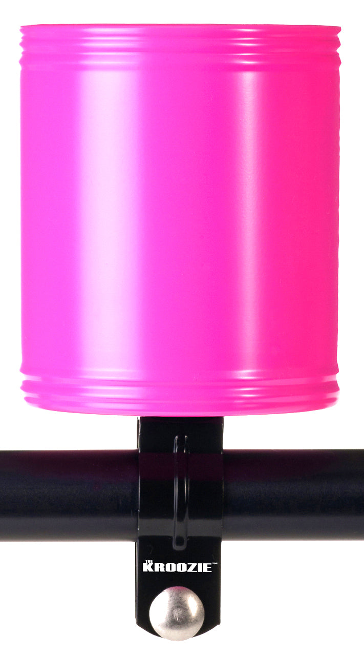 Pink Kroozer Cups Kroozie 1.0 Stainless Steel Cup Holder mounted on a handlebar, featuring a pink cylinder design with a lid.