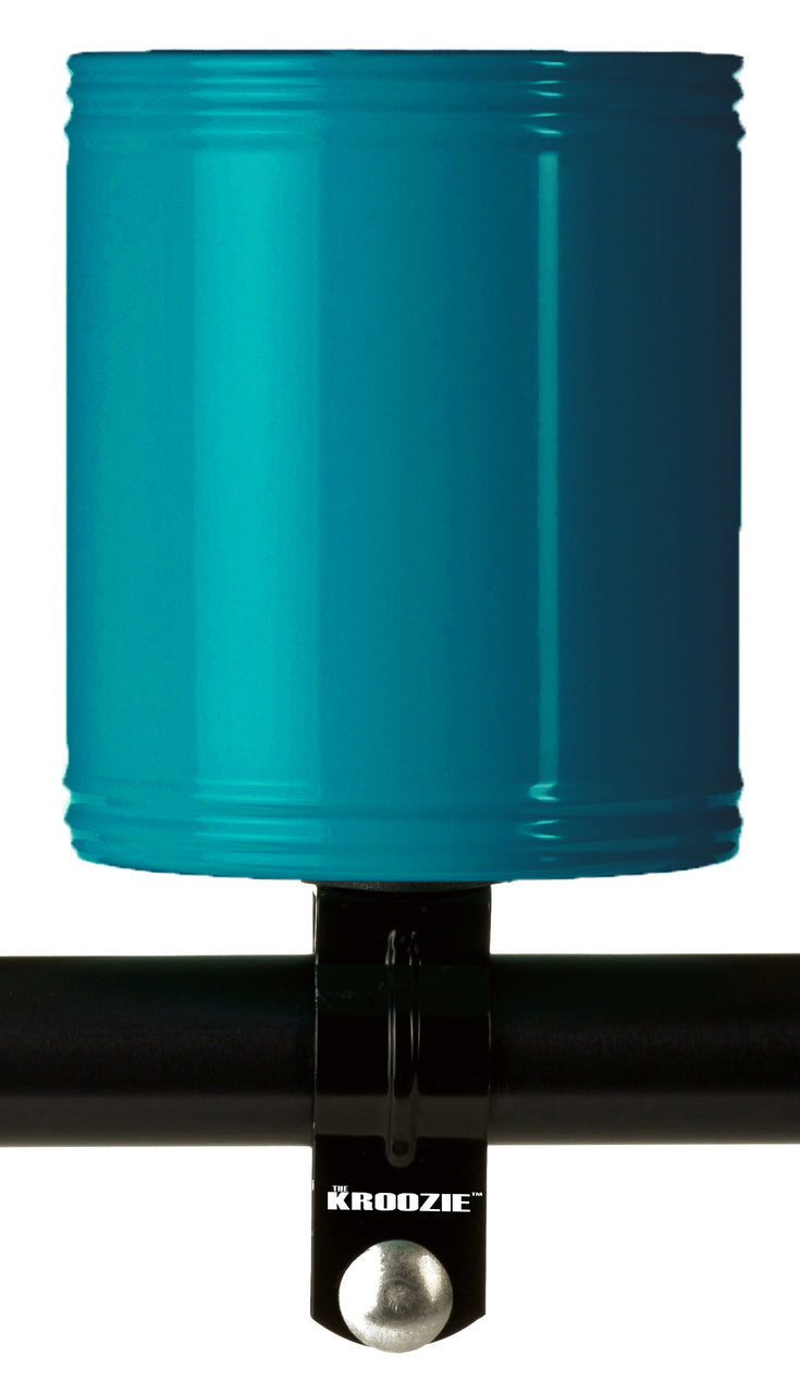 Teal Kroozer Cups Kroozie 1.0 Stainless Steel Cup Holder, featuring a blue cylinder design mounted on a black handlebar pipe, with a close-up view showcasing its sleek, insulated structure.