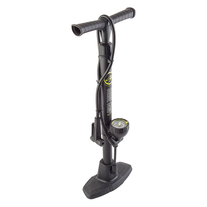 Air Surge Comp Lite Bicycle Pump with a built-in gauge, black, designed for efficient floor use, essential for every cyclist’s gear.