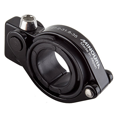 LW Handlebar Clamp with 5 mm Threaded Mount (Minoura) – A close-up of a black metal clamp featuring a screw, designed for mounting gadgets on a bike's handlebar.