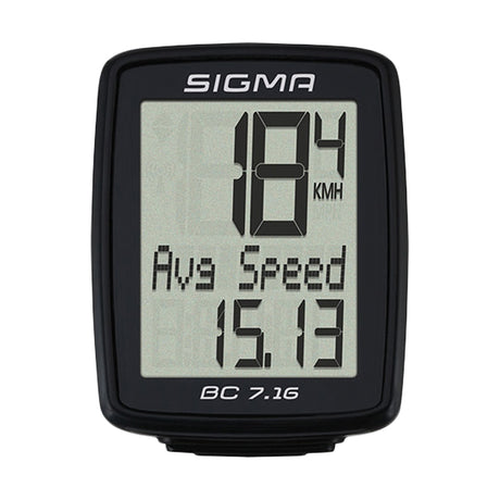 Sigma BC 7.16 Wired Bike Computer displaying speed on a digital screen with one-button operation, mounted on a handlebar, showing seven essential functions including auto start/stop and ride time.