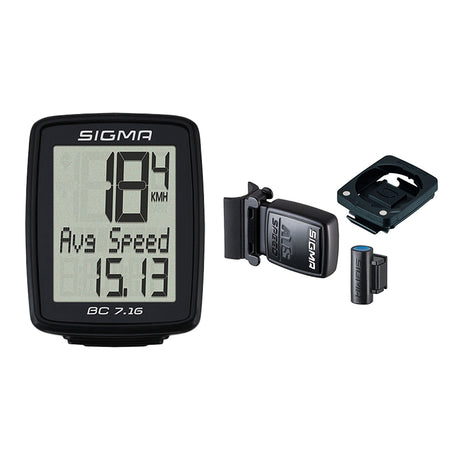 Sigma BC 7.16 Wired Bike Computer with screen, clip, strap, and button for operation; displays speed, ride time, and distance; easily mounts on handlebars.

