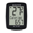 Sigma BC 9.16 Wired Bike Computer displaying speed, calories, and time, close-up of digital screen with numbers and letters. Ideal for tracking fitness metrics during bike rides.