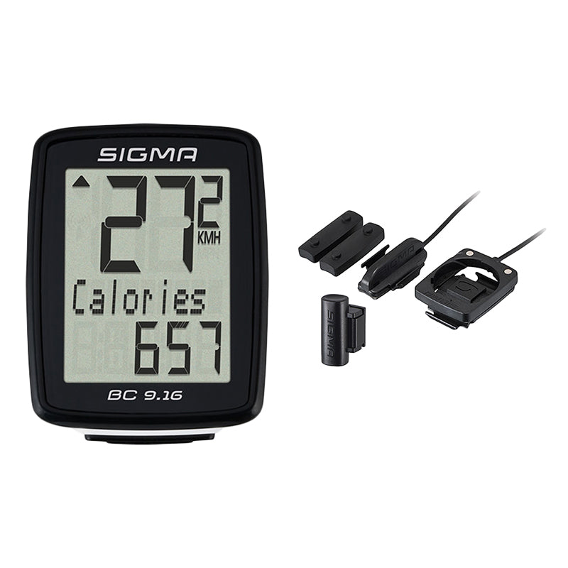 Sigma BC 9.16 Wired Bike Computer close-up, showcasing its screen and black cable, emphasizing its modern design and functionality for tracking speed, distance, and calories burned.