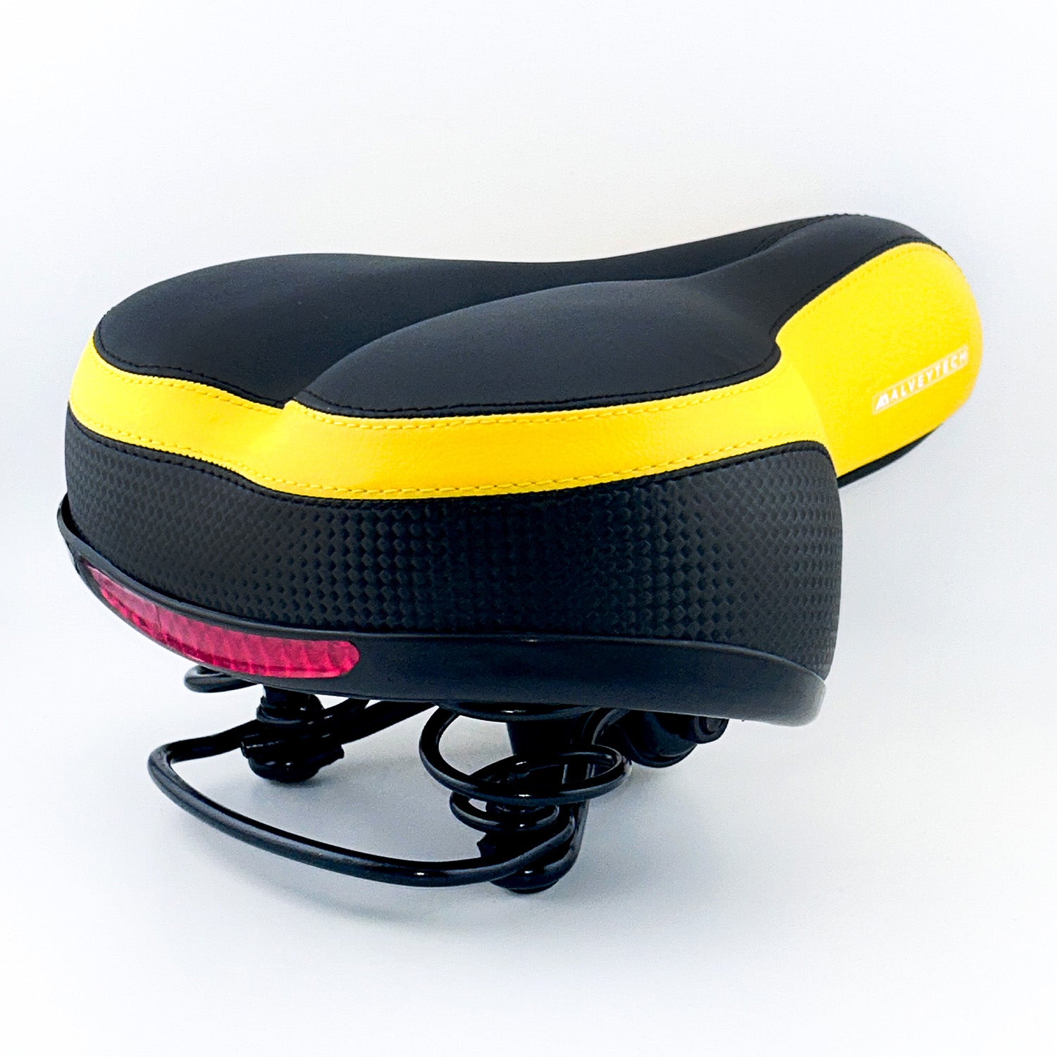 Wide Cruiser Saddle Seat with Anatomic Relief for Bicycles, Electric Bikes, & Scooters featuring a black and yellow design, soft padding, and traditional coil spring suspension for enhanced comfort.