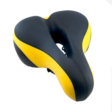 Wide Cruiser Saddle Seat with Anatomic Relief for Bicycles, Electric Bikes, & Scooters featuring soft padding, traditional coil spring suspension, and a universal clamp fitting most seat tubes.