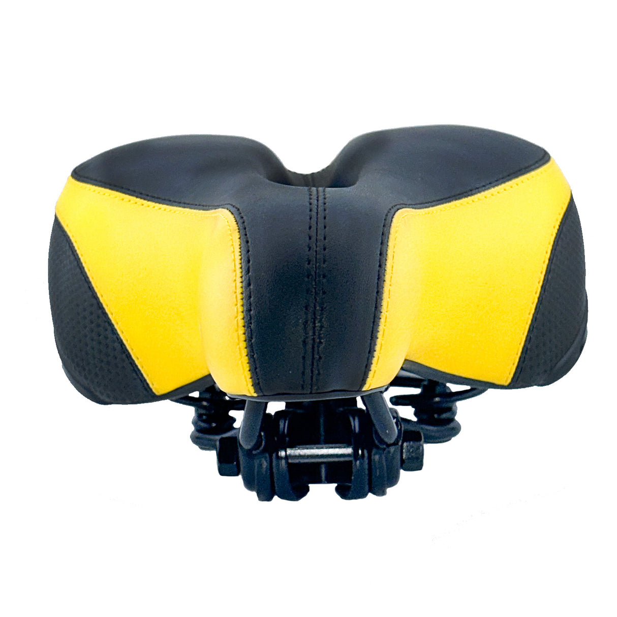 Wide Cruiser Saddle Seat with Anatomic Relief for Bicycles, Electric Bikes, & Scooters, featuring soft padding, traditional coil spring suspension, and a universal clamp for versatile bike and scooter compatibility.