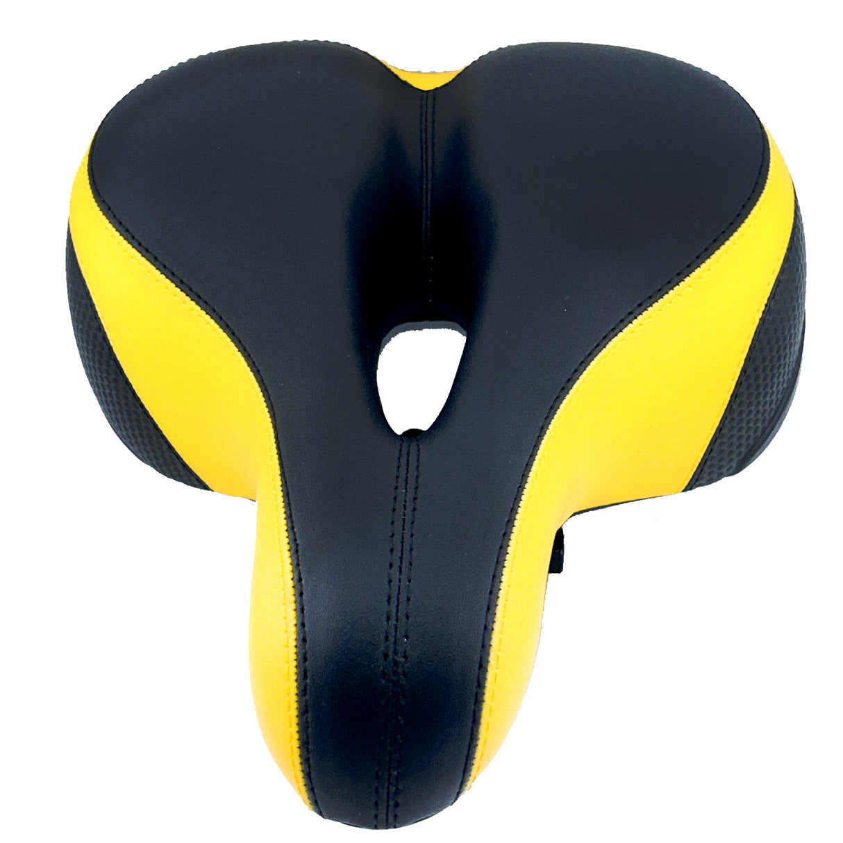 Wide Cruiser Saddle Seat with Anatomic Relief for Bicycles, Electric Bikes, & Scooters featuring soft padding, coil spring suspension, and a universal clamp for easy installation on most bike seat tubes.