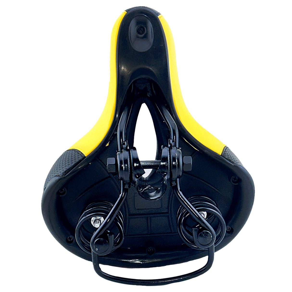 Wide Cruiser Saddle Seat with Anatomic Relief for Bicycles, Electric Bikes, & Scooters, featuring soft padding, traditional coil spring suspension, and a universal clamp for versatile mounting.