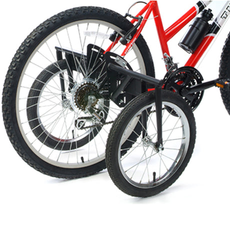 Adult Stabilizer Kit for Bicycles featuring a close-up of the sturdy black-finished steel frame and 16 wheels with Kenda pneumatic tires, designed for enhanced balance and stability.