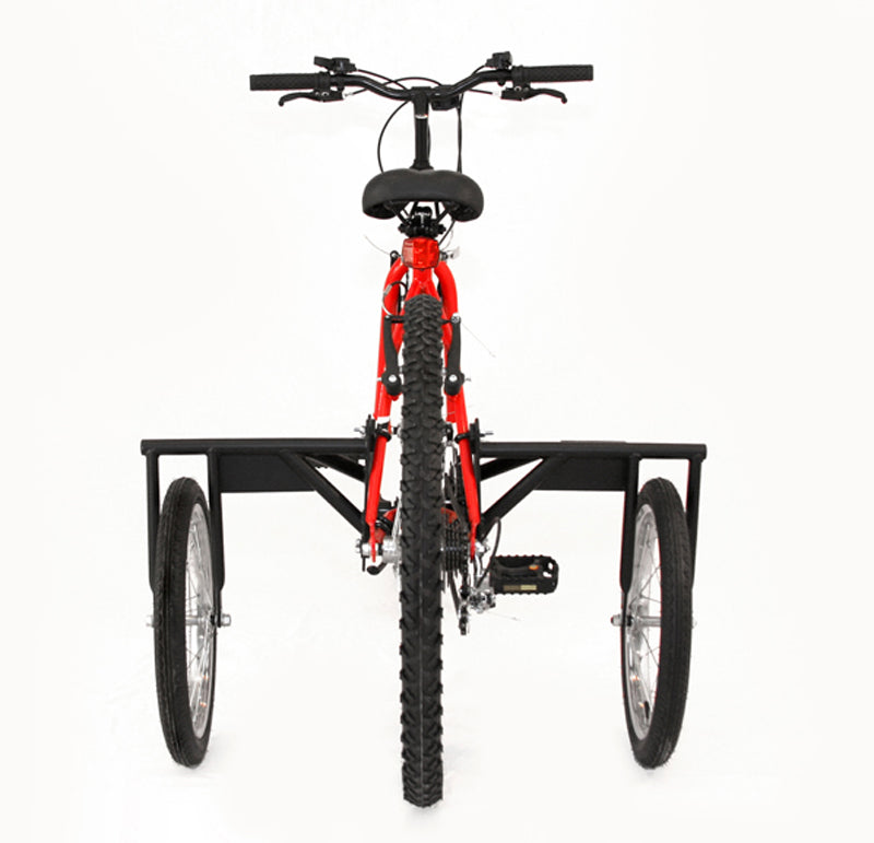 Adult Stabilizer Kit for Bicycles, featuring a sturdy black steel frame with attached 16 wheels and pneumatic tires, designed to enhance balance for adults needing extra stability while cycling.