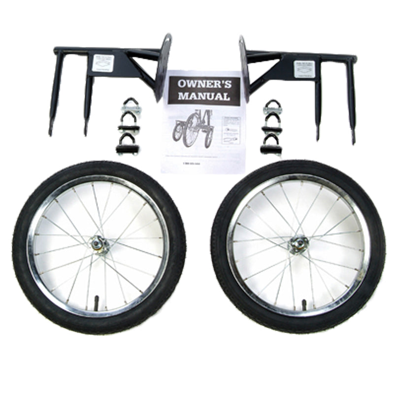 Adult Stabilizer Kit for Bicycles featuring two 16 wheels with spokes, steel frame, and detailed instructions for easy attachment, designed for balance support for elderly or physically impaired riders.