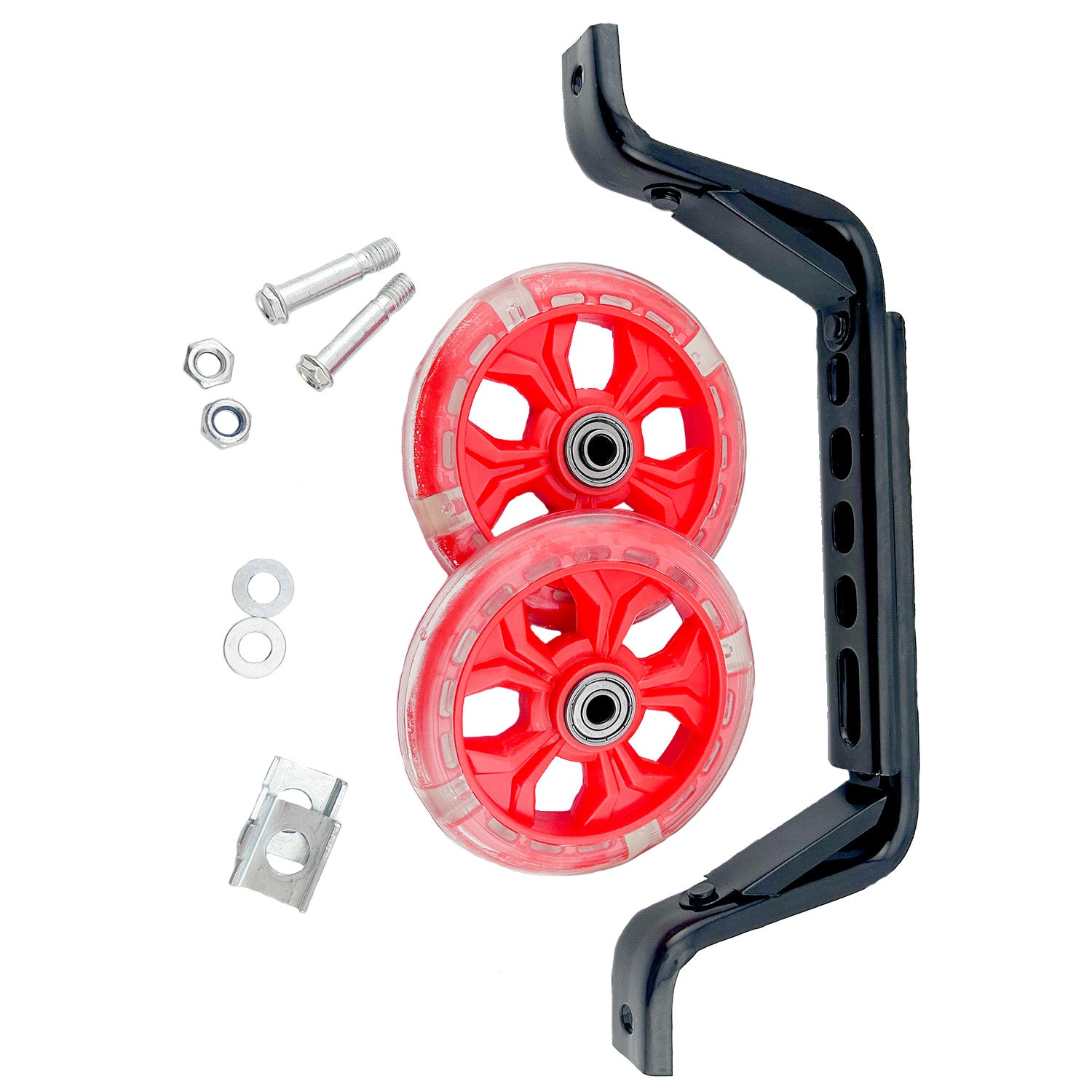 Training Wheels with Brackets & Hardware (Set of 2) featuring close-up views of black and red scooter-sized wheels, sturdy steel brackets, and accompanying hardware for easy installation on kids' bikes.