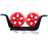 Training Wheels with Brackets & Hardware (Set of 2) showing red wheels, adjustable steel brackets, screws, and pre-installed bearings, designed for children's bikes with 12 to 16 rear wheels.