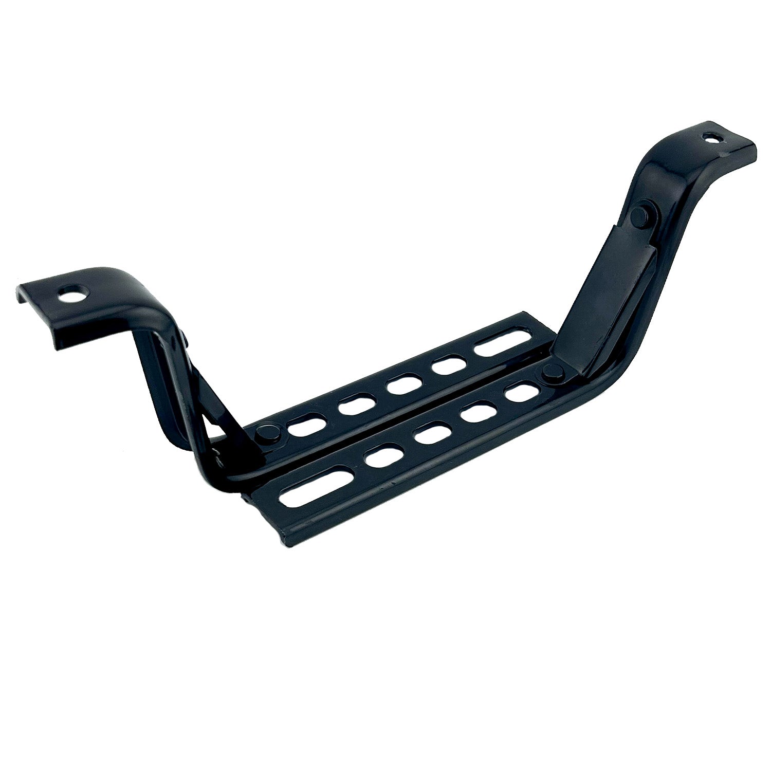 Training Wheels with Brackets & Hardware (Set of 2): A close-up of black metal brackets with holes, showcasing sturdy construction and adjustable design, ideal for enhancing stability on kids' bikes.