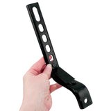 A hand holding a black metal bracket from the Training Wheels with Brackets & Hardware (Set of 2), showcasing the sturdy, heavy-duty steel construction essential for stability and durability.