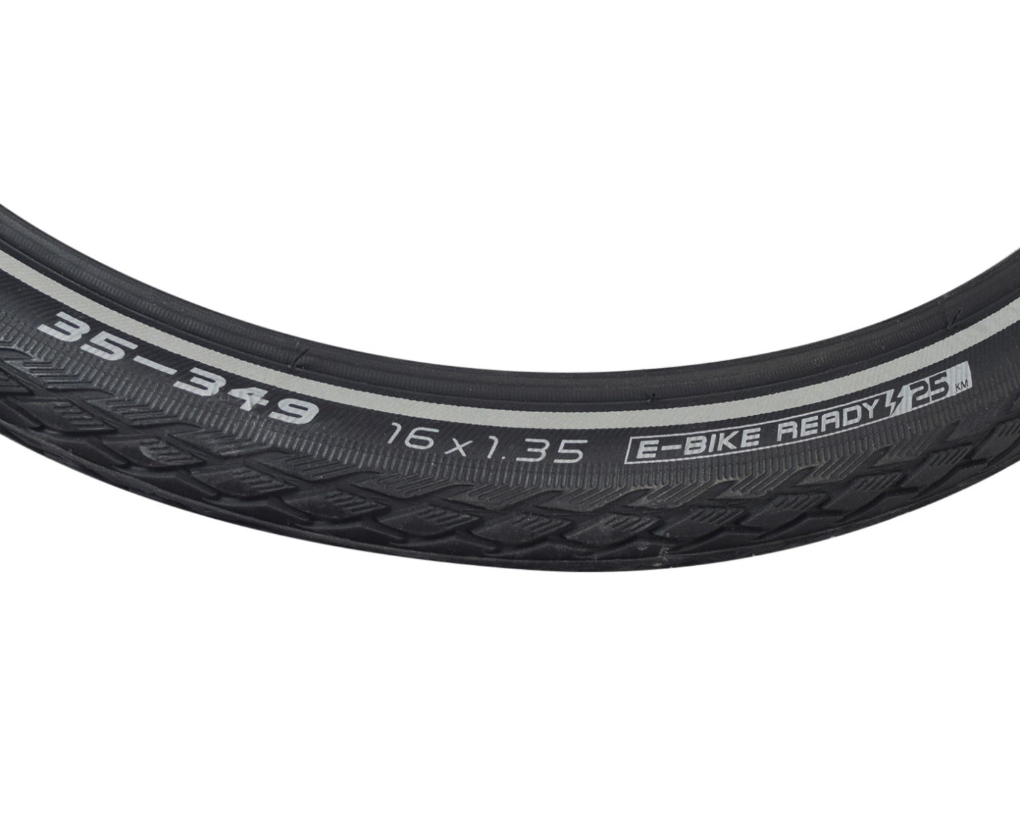 Close-up of a 16x1.35 Reflective Marathon Performance Twin GreenGuard Bicycle Tire, showcasing its durable tread and anti-aging sidewalls with reflective striping for enhanced visibility in low light conditions.