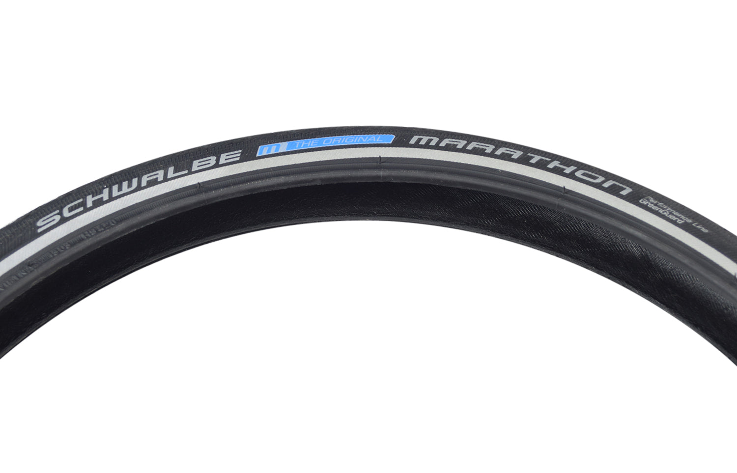 16x1.35 Reflective Marathon Performance Twin GreenGuard Bicycle Tire with reflective sidewall striping and anti-aging sidewalls, designed for E-Bikes up to 25kph, showcasing durable build and enhanced visibility features.