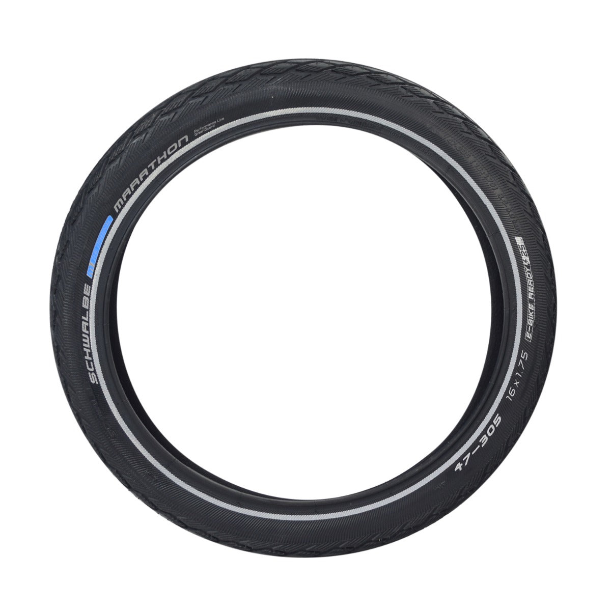 16x1.75 Reflective Marathon Performance Twin GreenGuard Tire for Electric Bikes featuring a black tire with a white stripe, designed for durability with a 3mm GreenGuard belt and reflective sidewalls for visibility.