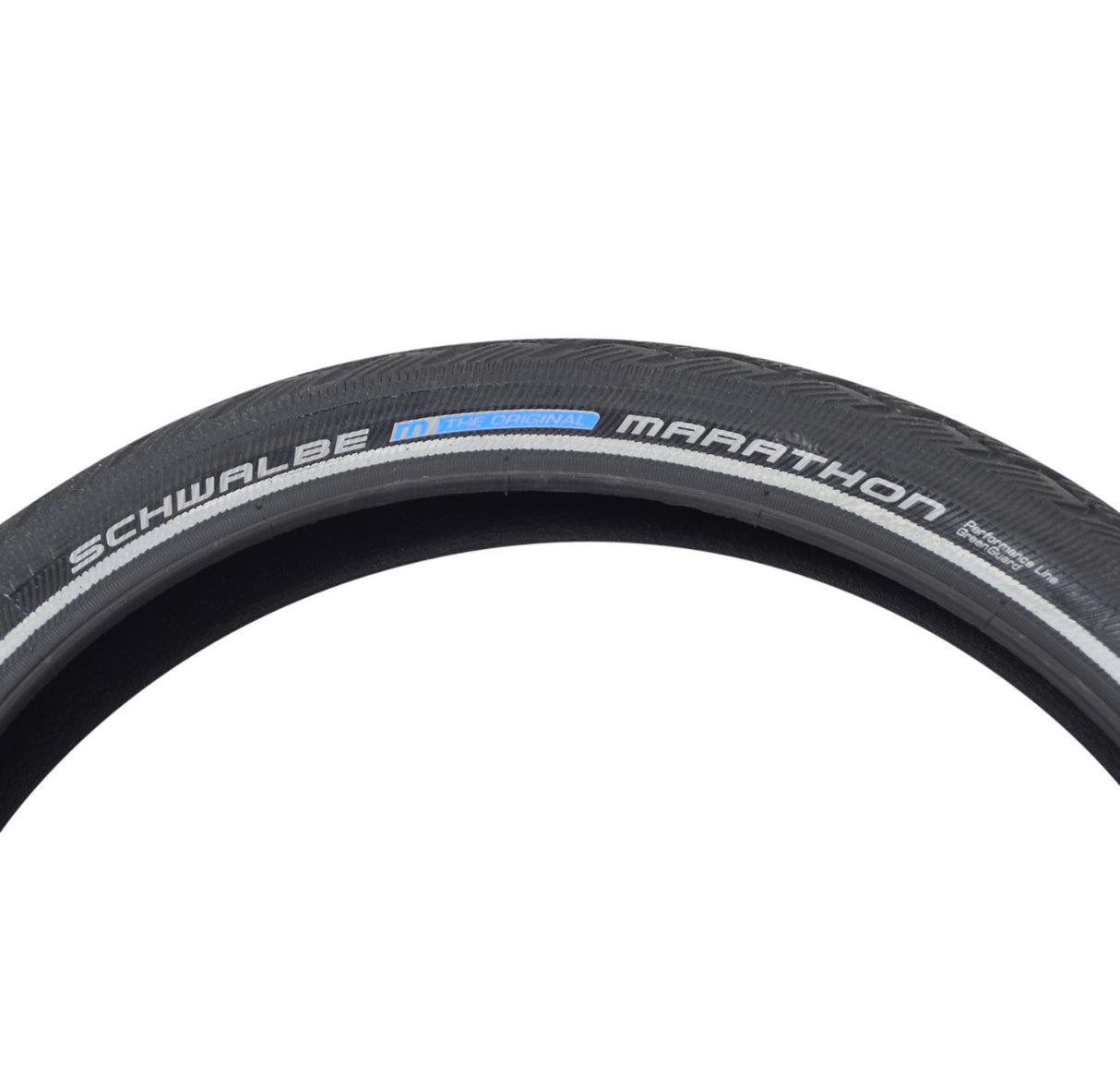 Close-up of a 16x1.75 Reflective Marathon Performance Twin GreenGuard Tire for Electric Bikes, featuring white text on the black tire surface and a visible reflective sidewall strip.