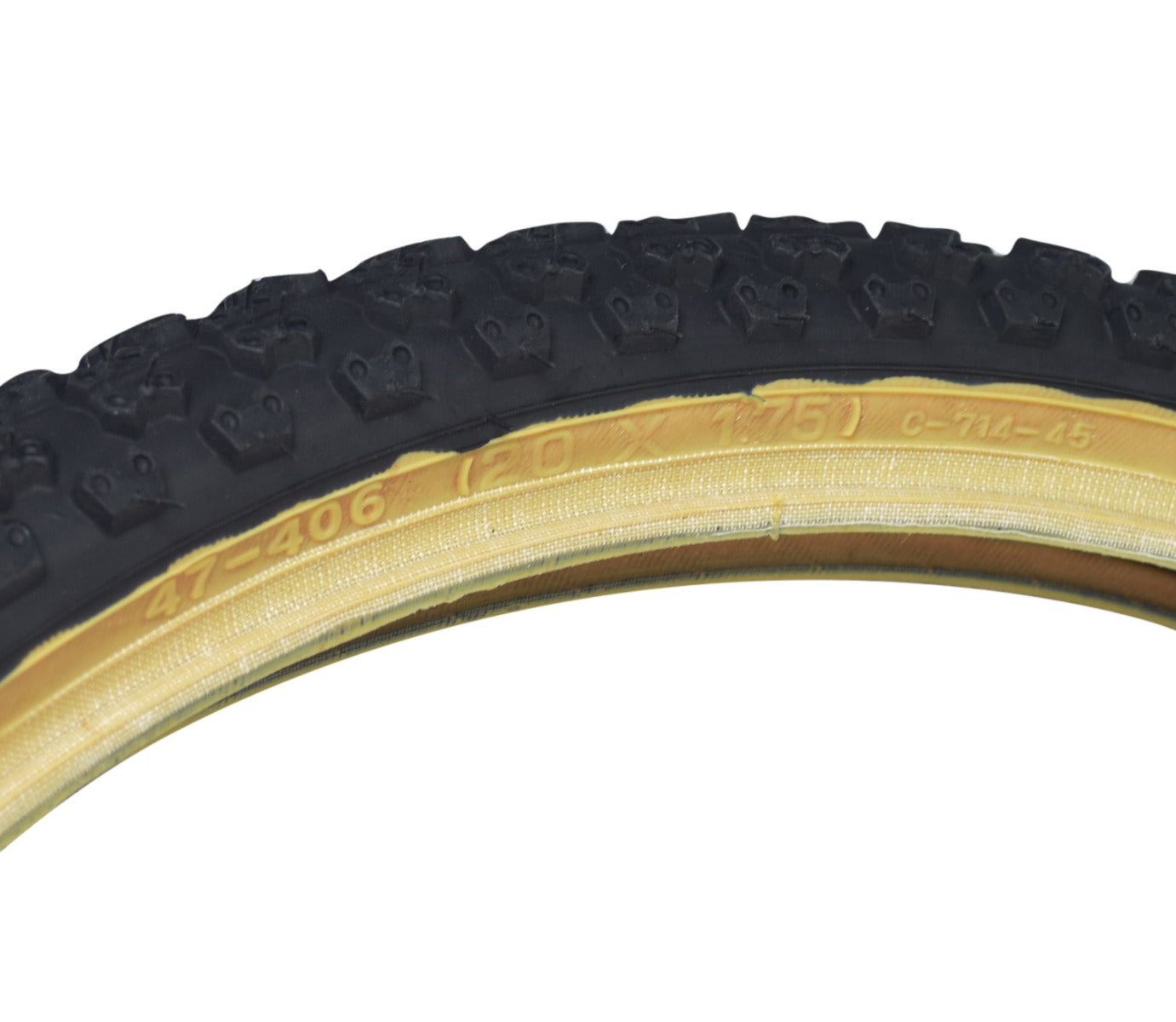 20x1.75 Black MX3/C714 Bicycle Tire featuring a close-up view showcasing its classic knobby BMX tread and skin sidewalls, highlighting the tire's robust tread pattern suitable for various terrains.