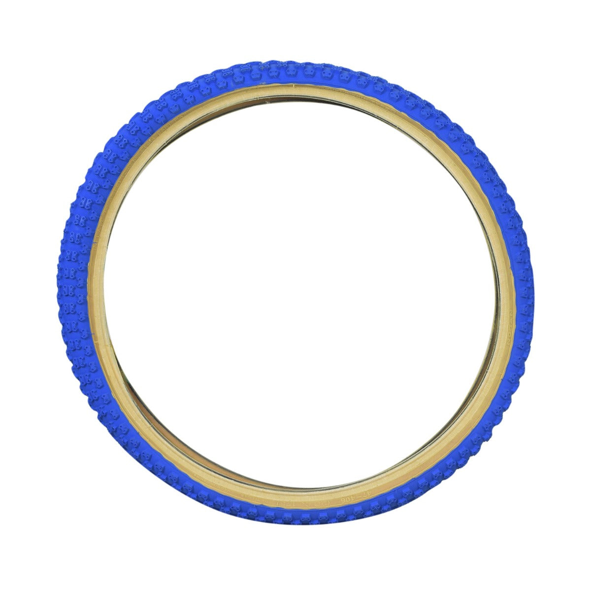 20x1.75 Blue MX3/C714 Bicycle Tire with gold rim and classic knobby BMX tread, designed for durability and available in multiple colors.