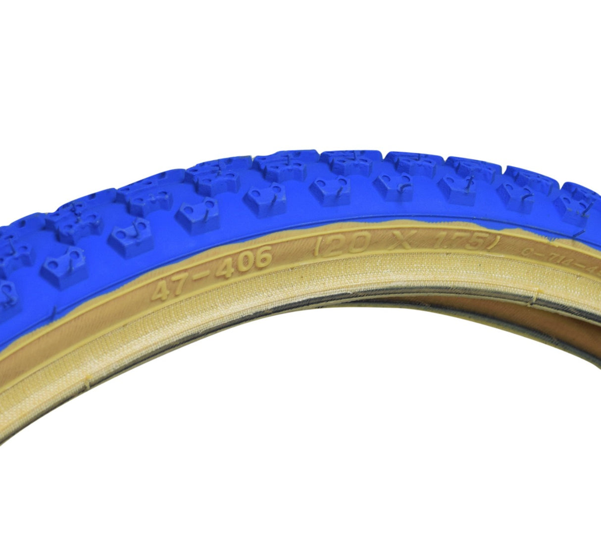 20x1.75 Blue MX3/C714 Bicycle Tire, featuring a classic knobby BMX tread and skin sidewalls, shown in a close-up highlighting the detailed texture and tread pattern.