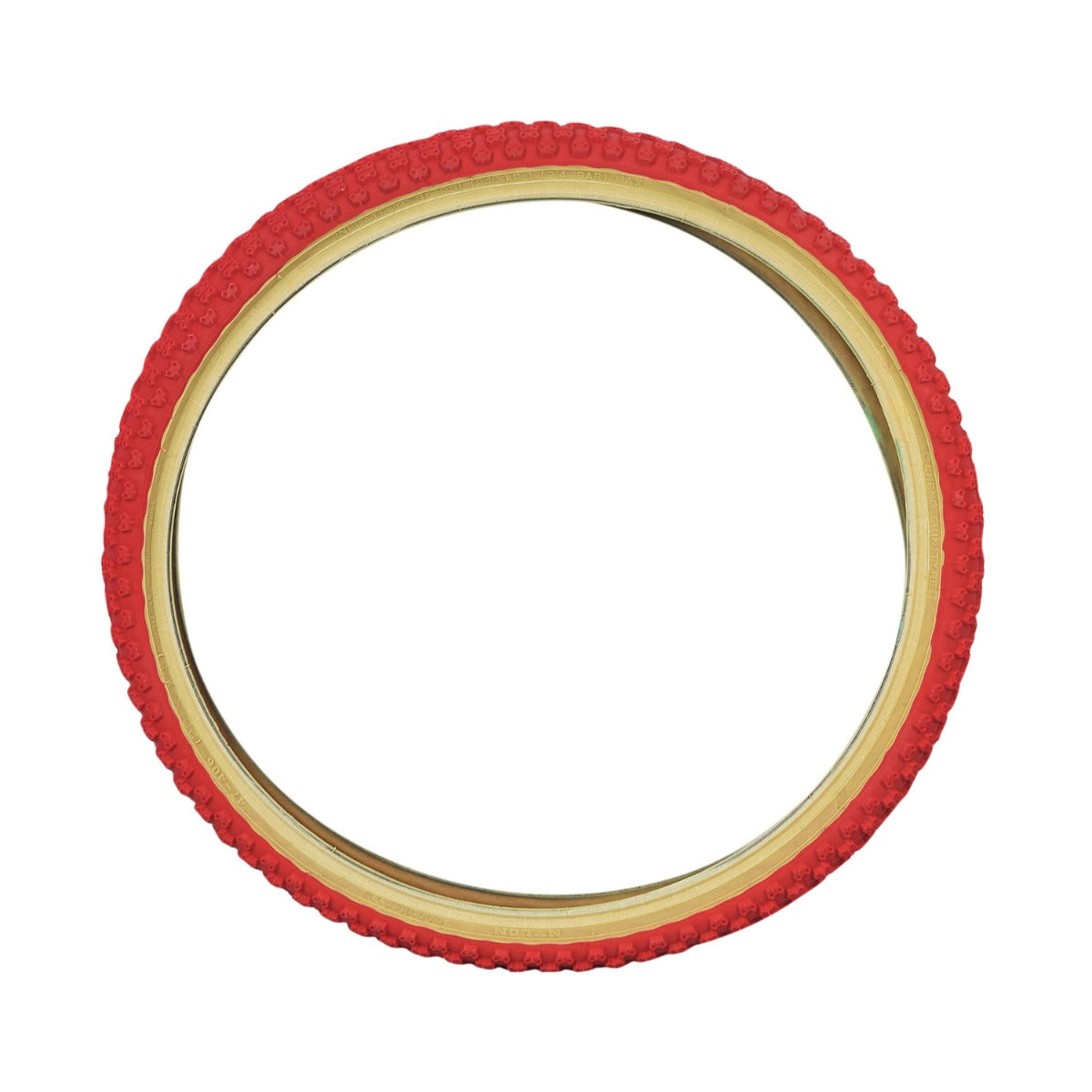 20x1.75 Red MX3/C714 Bicycle Tire featuring a knobby tread pattern and skin sidewalls, shown in a close-up view highlighting its circular shape and detailed design.