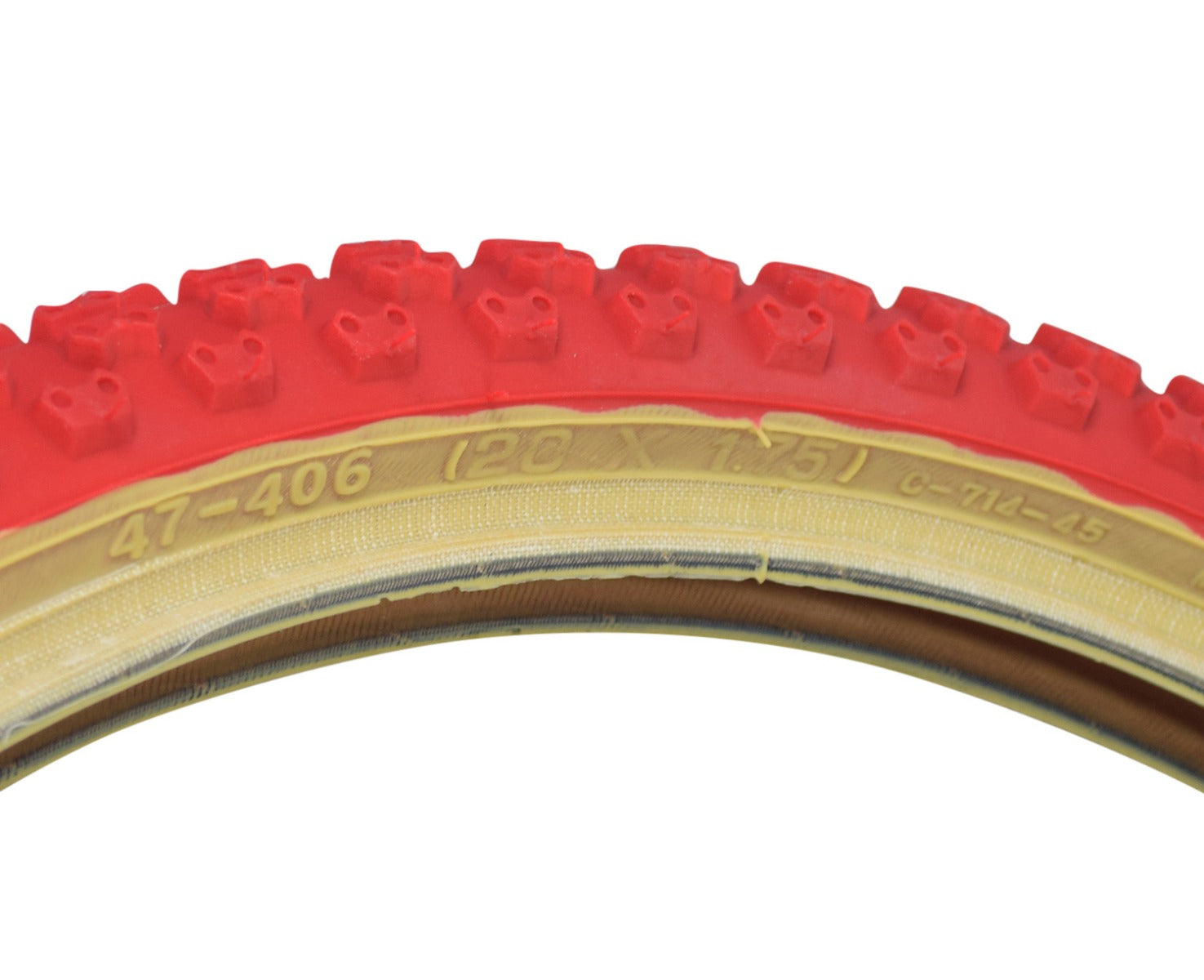 Close-up of the 20x1.75 Red MX3/C714 Bicycle Tire, featuring classic knobby BMX tread and skin sidewalls.