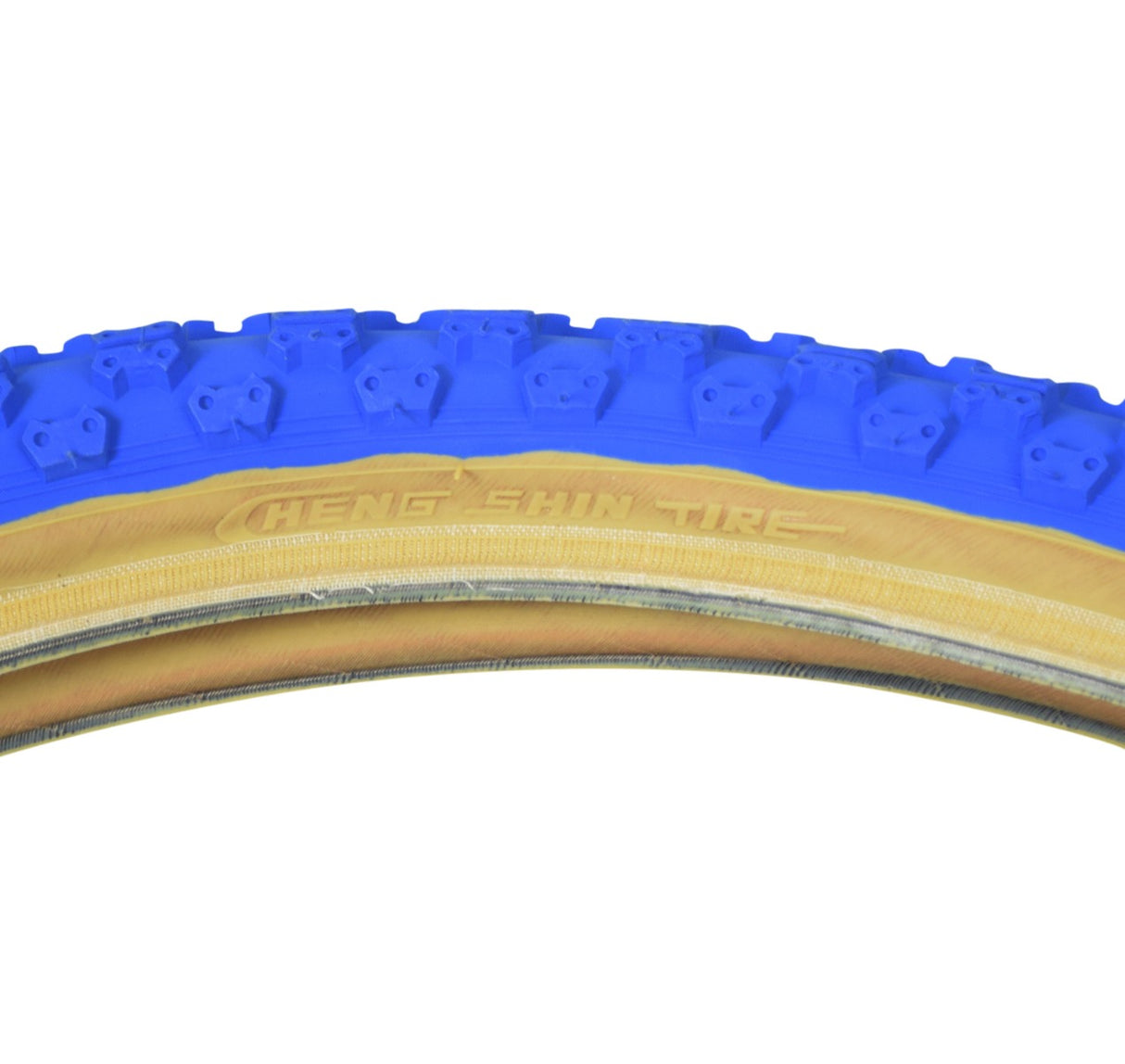 20x2.125 Blue MX3/C714 Bicycle Tire, featuring a close-up view of its knobby tread and skin sidewalls, suitable for BMX bikes.