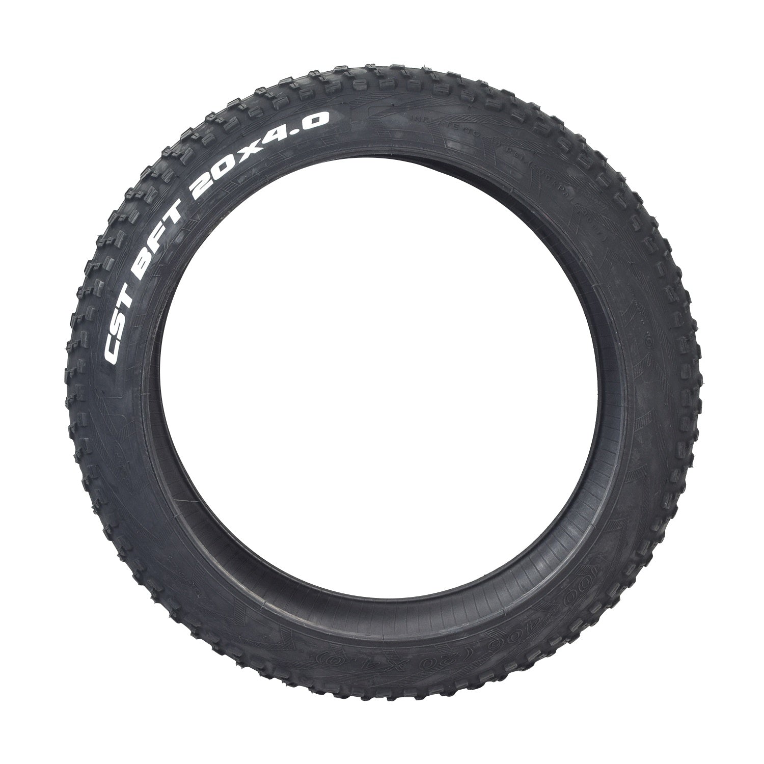 20 x 4.0 BFT+ Bicycle Tire featuring prominent white text on a black tire, designed for aggressive all-mountain and freeride use with meaty center and side knobs for enhanced cornering and braking traction.