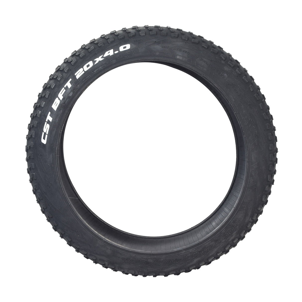 20x4.0 Tire for the GOTRAX EBE4 Fat Tire Electric Bike, featuring prominent white text on the black rubber, showcasing its rugged, knobby design ideal for all-terrain biking.