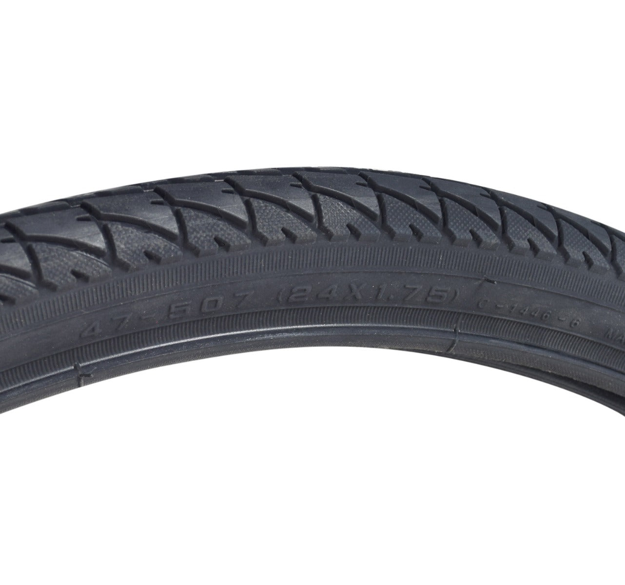 Close-up of a 24x1.75 Street CST1446 Bicycle Tire showcasing its smooth rolling center, micro tread shoulders, and directional water evacuating lines.