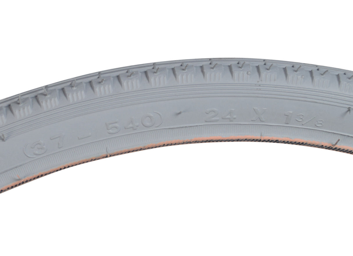 24x1-3/8 Wheelchair Bicycle Tire featuring gray tread with raised center and lateral knobs, visible sidewall writing, and detailed close-ups of numbers on the surface.