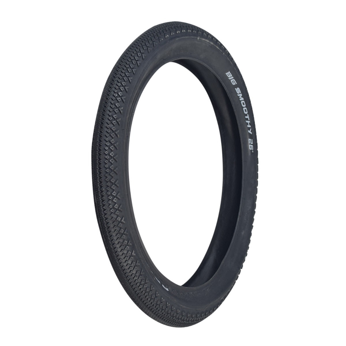 26x4.0 Big Smoothy Wire Bicycle Tire with an inverted continuous center tread and larger side knobs for better grip on gravel, dirt, and snow.