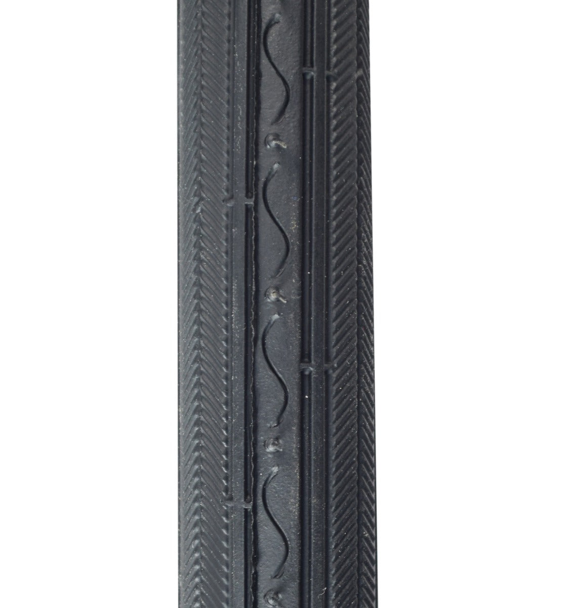 26x1-3/8 Road Raised Center Bicycle Tire with a black rectangular design featuring a distinct pattern for low rolling resistance, captured in a close-up view.