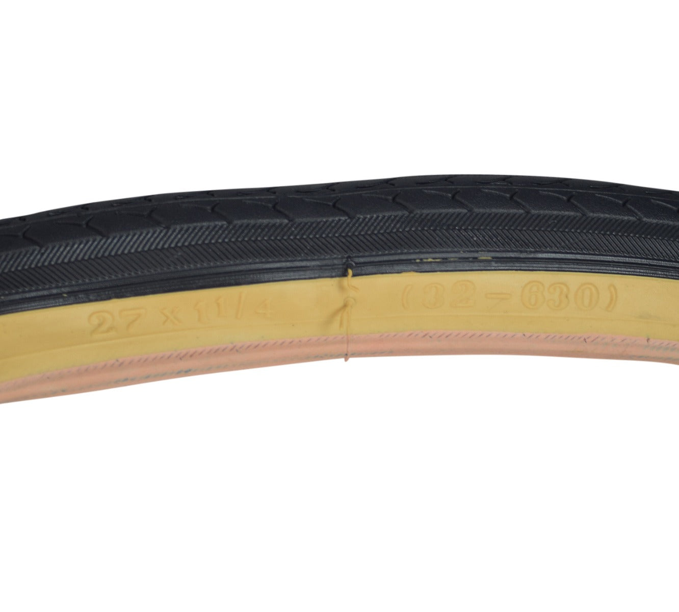 27x1-1/4 Black/Gum Urban Bicycle Tire, featuring a thick rubber casing, smooth center tread with knurled shoulders, and extra thick side walls for enhanced durability and water evacuation.