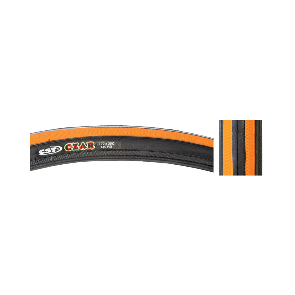 Close-up of 700x25 Black/Orange Czar Bicycle Tire, showcasing grooved lateral tread for traction and smooth center, emphasizing its dual compound and exceptional puncture safety features.